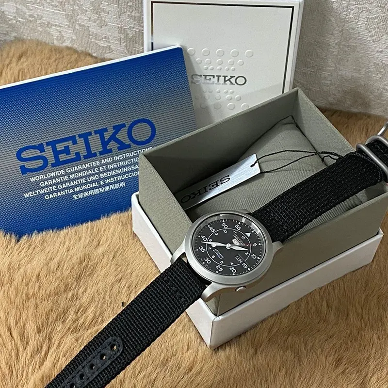 Seiko 5 Black Dial Black Nylon Strap Men's Watch | SNK809